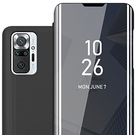 Cadorabo Hülle kompatibel mit Xiaomi RedMi Note 10 PRO in TURMALIN SCHWARZ - Clear View Spiegel Schutzhülle mit Standfunktion 360 Grad Schutz