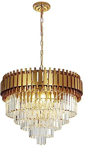 Seenvlog Modern Luxury Crystal Pendant Light Golden Crystal Chandelier Lights 5-Tier Raindrop Chandelier Light Fixture Flush Mount Ceiling Light for Dining Room Living Room Table Foyer,D60cm*H100cm