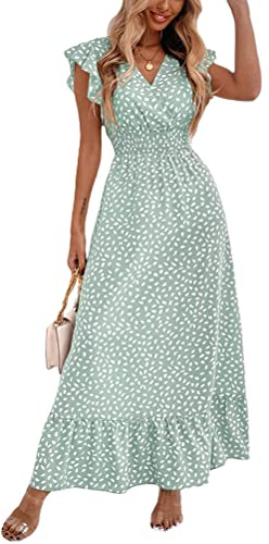 ORANDESIGNE Damen Sommerkleider Sexy Ärmellos Punkte Kleid Blumen Cocktailkleid Strandkleider Maxikleider mit Gürtel H Grün S