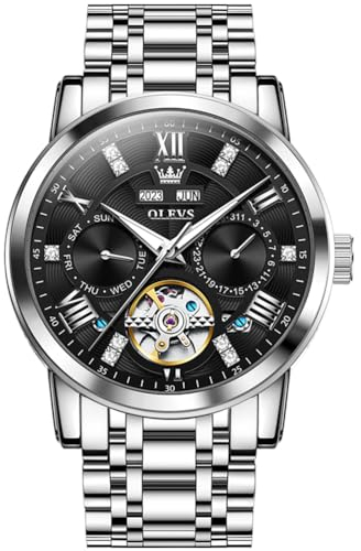 OUPINKE Herren Automatikuhr Mechanische Schwarzes Zifferblatt Luxus Armbanduhr mit Diamant Tag Datum Jahr Wasserdicht Leuchtzeiger Silber Edelstahlarmband