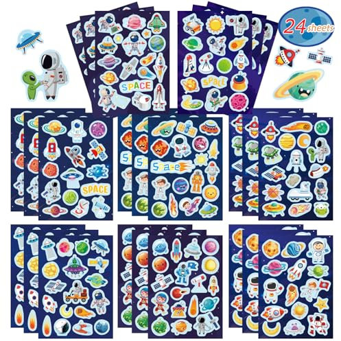 24 Blatt Weltraum-Aufkleber-Set – 8 Planeten, Astronauten, Raumschiffe und Raketen, Erkunden Sie den Weltraum, Aufkleber für Kinder, Weltraum, Motto-Partygeschenke