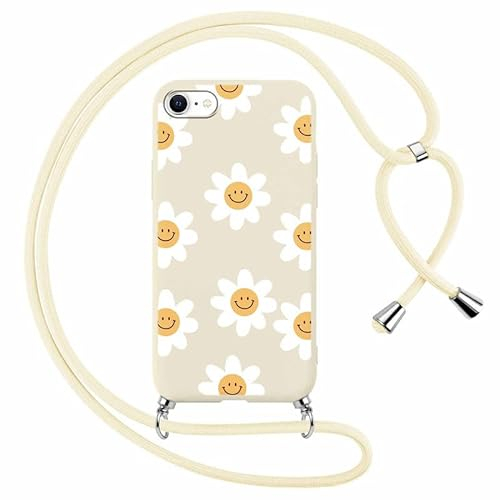 Foonary Handykette Hülle mit Kette für Apple iPhone 7 Plus 5,5 Handyhülle, Blumen Smiley Design Band Necklace Case mit Kordel zum Umhängen Silikon Bumper Schutzhülle Cover Schnur für iPhone 7 Plus
