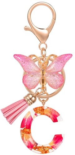 MWOOT Initiale Schlüsselanhänger Buchstabe C Letter Keyring,Alphabet Harz Buchstabe mit Blume Key Chain mit Schmetterling Quaste Anhänger Handtasche Charm,Rosa Blütenblatt Keyring für Frauen(C)
