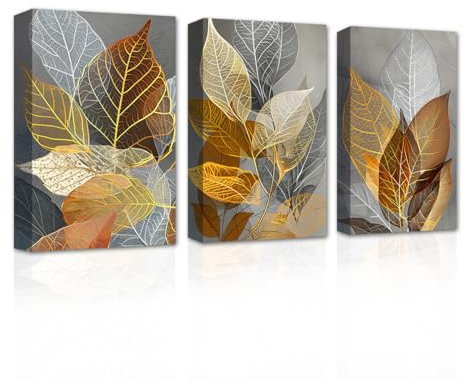 CXHOSTENT Blätter Leinwand Wandbilder 3 Stück graue und goldene Blattbilder Kunstdrucke Naturpflanzen Bilder für Heimdekoration gerahmt (B, 28.00 x 35.00 cms x 3PCS)