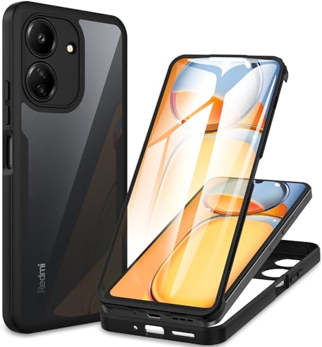 CENHUFO Coque Xiaomi Redmi 13C / Poco C65, Antichoc Housse avec Protection écran, 360° Protégé Téléphone Double Face Bumper Transparent Case Portable Intégrale Etui pour Redmi 13C/Poco C65 - Noir