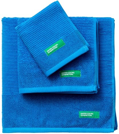 UNITED COLORS OF BENETTON. Set 3PC Toalla de baño (Tocador 30x50cm + Manos 50x90cm + Baño 70x140cm) 450GSM 100% Algodón Azul 'Rainbow'