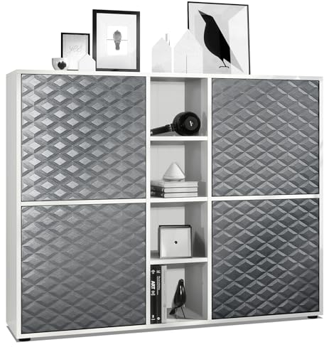 Vladon Highboard Cuba V3, Made in Germany, Anrichte mit 4 Türen und 4 offene Fächer - Weiß matt/Stahlgrau 3D Struktur (130,5 x 105,5 x 35,5 cm)