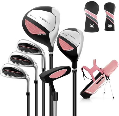 COSTWAY Set di Mazze da Golf per Bambini con Sacca, Fodera Impermeabile, Driver 1, Ibrido 5, Ferro 7, Ferro 9, Ferro S e Putter, Set Allenamento Golf per 11-13 Anni, Destrorso (Rosa)