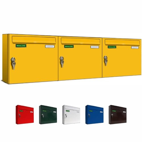 AL Briefkastensysteme Basic 3er Briefkasten RAL 1003 Signal Gelb 3 Fächer DIN A4 wetterfest Briefkastenanlage mit Posthaltebügel und 2 Namensschildern