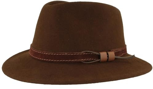 Breiter Outdoor Filz-Hut - Trekking-Hut aus 100% Wolle - Wasserabweisend, Faltbar mit Ledergarnitur - Dunkelbraun 59