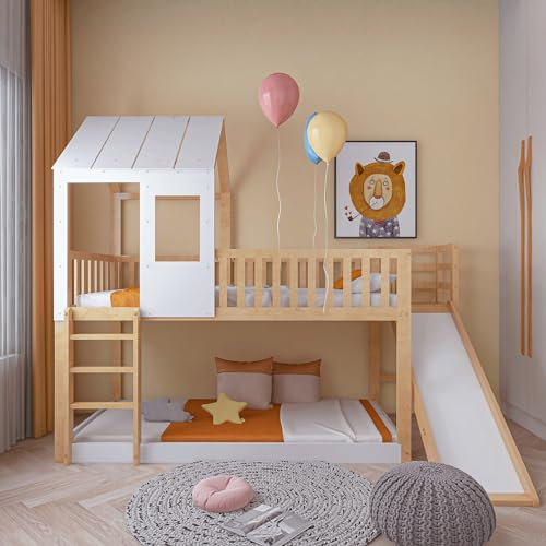 Lit cabane Enfants 90 x 200,lit superposé Enfant antichute,lit Mezzanine 2 Places,avec échelle à Angle Droit et Toboggan, avec Toit et fenêtre,et Grille,Structure en pin,Naturel Blanc