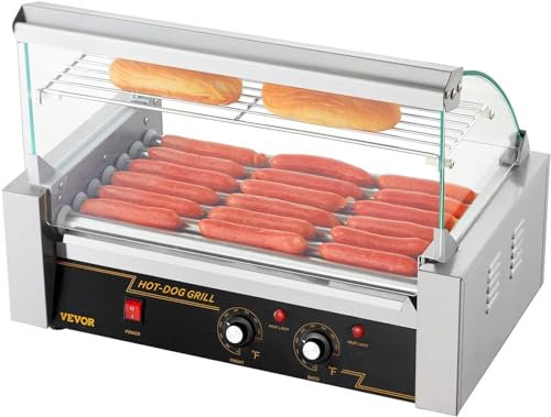 VEVOR Profi Gastro Hot Dog Maker Edelstahl Hot Dog Maschine, 18 Rollen für 30 Würste, 1,4 kW Hot Dog Grillmaschine mit Anschlag und Regalen, geeignet für Imbissbuden, Bars, Kioske, Brötchenheizung