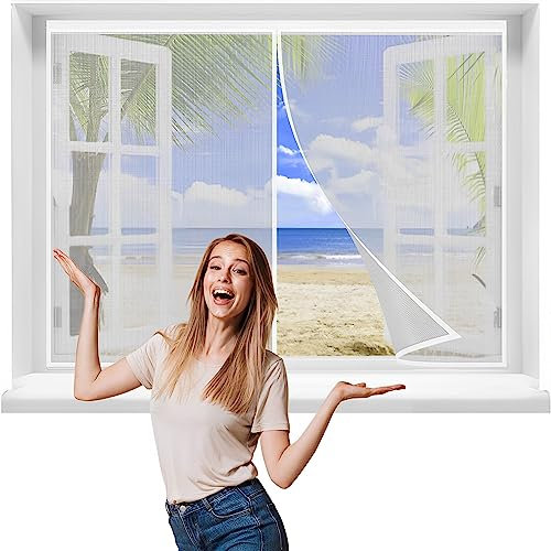 Fliegengitter FensterTerrassenFenster90x65cmInsektenschutz BalkonFenster Magnetvorhang TerrassenFenster KellerFenster SchiebeFenster und Wohnzimmer, Kinderleichte Klebemontage Ohne Bohren，Weiß