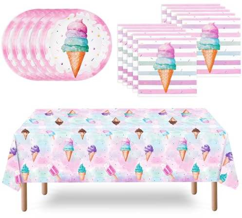 WERNNSAI Ice Cream Party Decorations - 33 PCS Ice Cream Party Plates Napkins Tablecloth for Kids Girls Pink Sweet Dessert Birthday Decorations Summer Tableware Set Serve 16 Guests Baby Shower