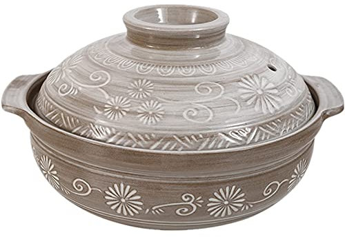 Keramische Kasserolle， Bedruckter Keramik-Auflauf mit Deckel, gesunder Slow Cooker, japanischer Donabe-Hot Pot, Steingut-Tontopf, Suppentopf for Reis-Eintopf-Suppe, 2 l