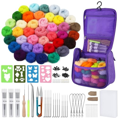 Deudy 148 Stück Nadelfilz Starter Kit, 40 Farben Nadelfilz Set, Filzwolle Trockenfilzen, Grundlegende Filzwerkzeuge und Zubehör für Anfänger, DIY Filz Tier Handwerk