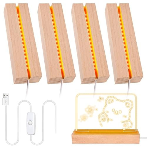 BORDEAG 4 Stück LED Sockel, LED Lichter Display Basis, Warme Farbe Rechteckig Holz, LED Sockel Holz Desktop LED Leuchten Sockel LED Lichtsockel Für 5mm Dicke Acryl Platte Glas Platte Harz Kunst