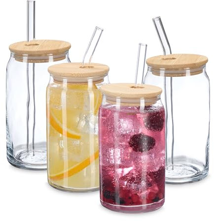 Relaxdays Verre en Forme de canette, Lot de 4, Couvercle, Paille, pour café glacé, 450 ML, Transparent et Nature