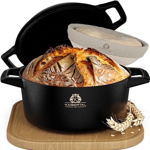 KAISERTAL Gusseisen Topf Brot Backen 26cm inkl. Gärkorb – Brotbackform aus Gusseisen – Brottopf mit Deckel, Gusseisen-Topf als Brot Backen Zubehör, Perfekter Brotbacktopf - Innen und Außen Brotbacken