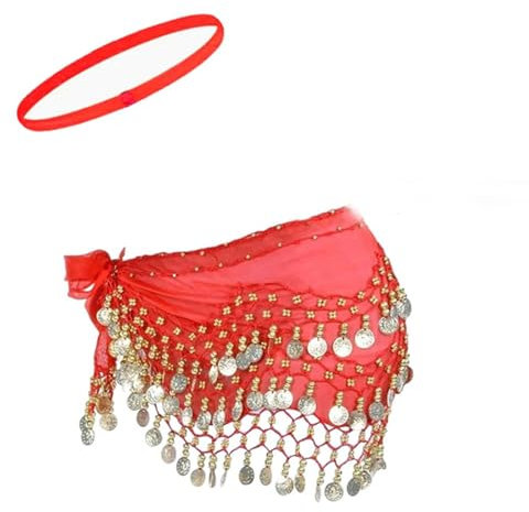 Tanztuch mit Münzen für Bauchtanz,Damen Bauchtanz Gürtel,Chiffon Hüfttuch Bauchtanz Münztuch,Chiffon Hüfttücher Schwarz Bauchtanz Hüfttuch,für Bauchtanz,Lateinamerikanische Tänze,mit 1 Stirnband,Rot