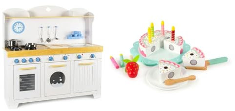 Leomark wooden children's kitchen white blue 106x32x107cm (H), culinary adventure for children, play kitchen with accessories, set with clock, oven, washing machine and dishwasher + Wooden Toy Cake