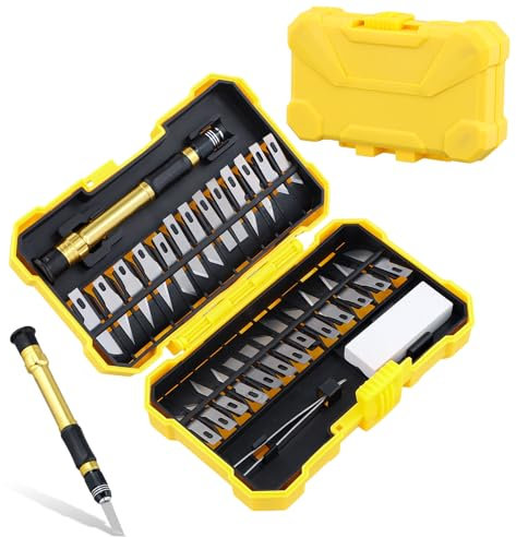 Wiseom 29 Pezzi Coltelli di Precisione, Coltello a Bisturi Premium Set Coltello da Intaglio Artistici Coltelli di Precisione Per Hobby Taglierino di Precisione per Scultura Mestiere Fai da Te(Giallo)