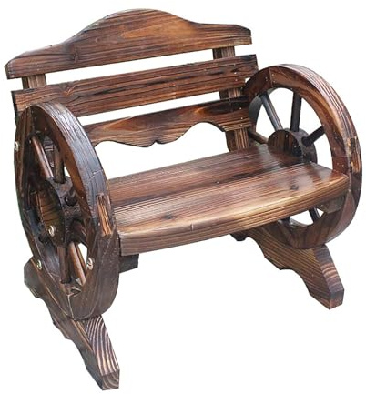 Gtzly Outdoor Bench, Wagon Wheel Bench, Rustic Wooden 2-Person Seat Patio Bench with Backrest for Garden, Porch, Yard, Brown