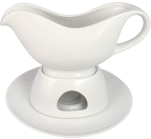 OUYUE Gravy Boat Gravy Jug 12Oz Gravy Boat Tray Ceramic White Gravy Dish With Tea Light Warming Rack Sauce Pot Kit Restaurant Gravy Boat For Family