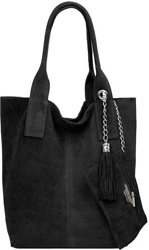Caspar große Wildleder Shopper Schultertasche XL Damen Handtasche aus Leder mit stylischer Metallkette & kleiner Zusatztasche - CLASSIC LINE - Modell No.828 - Made in Italy, Farbe:schwarz