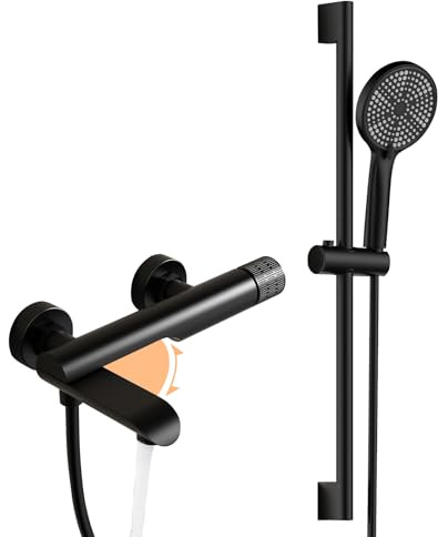 Badewannenarmatur mit Handbrause, Wandmontage Wasserhahn Badewanne Mischbatterie Messing Wannenarmatur inkl 3 Funktionen Handbrause, 180° Drehbaren Auslauf, 150cm Brauseschlauch (Schwarz)