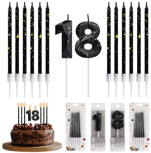 Birthday Candles, Black and Gold Cake Decorations, Happy Birthday Cake Topper, 3D Designed Number Candle + 12pcs Black Gold Cake Candles with Holder for Wedding Anniversary Party Supplies (Number 18)