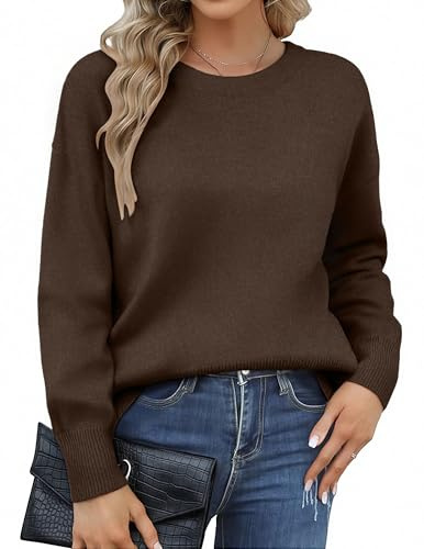 Hotouch Pullover Damen Braun Weich Rundhals Strickpullover Warm Feinstrick Sweater Herbst Winter Braun M