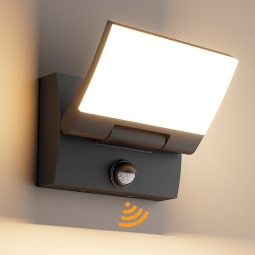 K-Bright 30W Außenwandleuchte Außenlampe mit Bewegungsmelder Schwarz | 150° Schwenkbar Panel, IP65 wasserdicht, Aluminium+Acryl, 2000LM 3000K Warmweiß für Eingang Terrasse Garten
