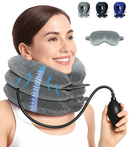 Aufblasbares Halswirbelsäule Strecken Nacken Traktionsgerät – Nackenstrecker Verstellbarer Nackendehner, Orthopädisches Nackenkissen mit Luftpumpe, Schlafbrille für Nackenschmerzen (Grau)