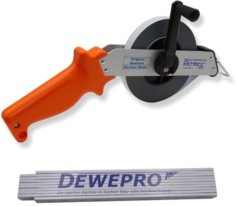 Richter Stahlbandmaß 50m mit mm-Teilung - Maßanfang B - Bandmaß 13mm breit mit Leichtmetallrahmen - weiß lackiert mit Duplex-Teilung - im Set inkl. 1 St. DEWEPRO Zollstock 2m