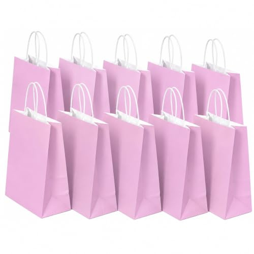SHUBEIEUMI 10 Sacs Cadeaux en Kraft Avec Poignées,Violet Clair | 21x15x8 cm Petite Taille Sacs en Papier pour Anniversaires, Mariages