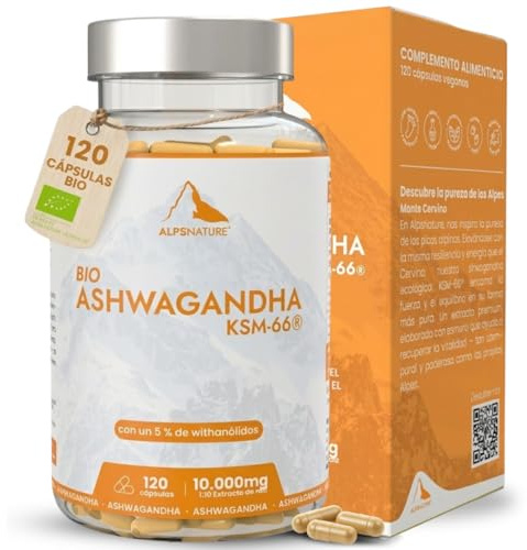 ALPS NATURE Ashwagandha KSM-66® Ecológica 120 Cápsulas 10.000 mg – Extracto 10:1 con 5% Withanólidos – Raíz de Withania somnifera – 120 Cápsulas Veganas (2 Meses) – para Estrés Diario y Descanso