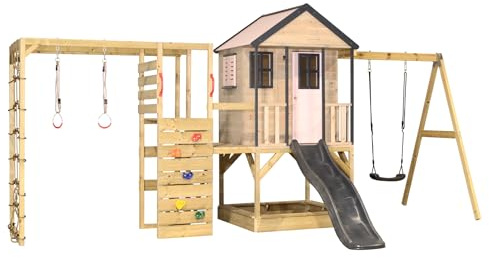 Wendi Toys M50-G Stelzenhaus mit Rutsche, Schaukel, Kletterturm aus FSC-Holz, Spielhaus Kinder Outdoor mit Plattform 90/120 cm, Kletterwand, Kletternetz, Sandkasten, 342×508×242 cm