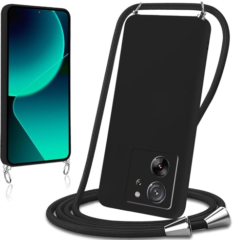Knrlqim Handyband für Xiaomi 13T / Xiaomi 13T Pro 5G Hülle mit Band Liquid Silikon Necklace Handyhülle mit Abnehmbar Kordel Schutzhülle zum Umhängen Stoßfest Case Cover für Xiaomi 13T 6,67,Schwarz