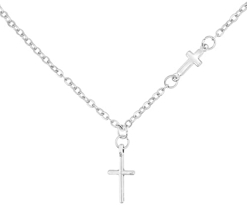 RUGGED steel Damen Edelstahl Halskette mit 2 Kreuz-Charms 40+4cm - silber | kurze Kette mit 2 kleinen Kreuz-Anhängern - 40 cm (+ 4 cm Verlängerungskettchen), Schmuck-Box, wasserfest, pflegeleicht