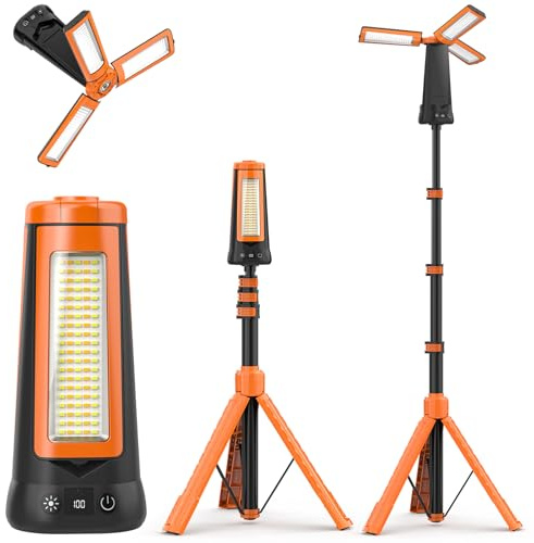 12000mAh LED Campinglampe Aufladbar mit Stativ, 5000LM Baustrahler LED Akku Dimmbare & 5 Modi, Teleskopstativ, Hängende Camping Lampe Akku Strahler für Garage Notfälle Baustelle, Orange
