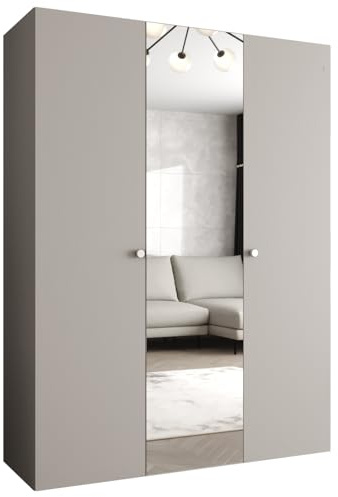 MEBLE KRYSPOL - Kleiderschrank - Garderobenschrank - 150 cm x 202 x 52 cm - Schrank mit Kleiderstange und Spiegel, 3 Türen - für Schlafzimmer, Flur - Parma, Kaschmir, Griff Silber