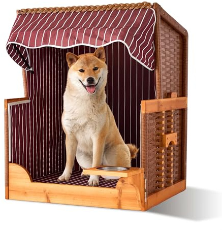 Relaxdays Hundestrandkorb, Rattan, mit Napf, Hundesessel mit Dach, HBT: 95x75x65 cm, Garten & Terrasse, Holz, dunkelrot
