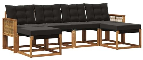 vidaXL Outdoor-Sofagarnitur mit Kissen 6 pcs Natürlich und Schwarz, Garten Ecksofa, modernes Möbel für draußen, langlebige Liege, Coole Sitzgelegenheit auf der Terrasse