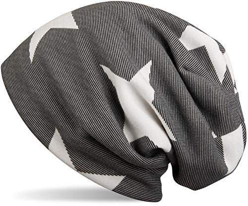 styleBREAKER Klassische Feinstrick Beanie Mütze mit Stern und Streifen Muster, Unisex 04024054, Farbe:Schwarz
