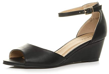 AJVANI Womens ladies low mid wedge heel peep toe ankle strap smart casual evening sandals size