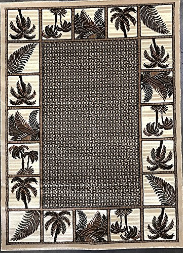 Palm Tree Modern Area Rug Tropical Beige & Green Design 728 (8 Feet X 10 Feet)