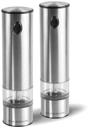 Cole & Mason Battersea Electronic Salt & Pepper Mill Gift Set - One-Button Electric Spice Grinder with Large Grinding Chamber - Adjustable Grind Knob - Electric Kitchen Tool - Stainless Steel