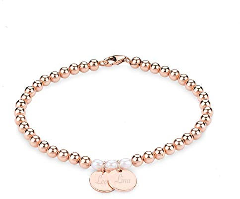 VIENNA Kugel Armband 14K Rose Gold Filled mit Gravur | Personalisierter Schmuck | 2 Plättchen Anhänger | Persönliche Geschenke zum Jahrestag Muttertag Geburtstag