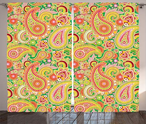 ABAKUHAUS Paisley Rustikaler Gardine, Bunte Weinlese, Schlafzimmer Kräuselband Vorhang mit Schlaufen und Haken, 280 x 245 cm, Gelb Grün